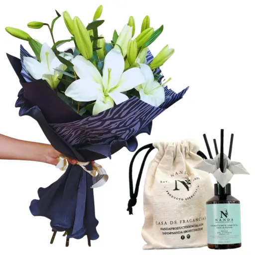 RAMO DE FLORES LILIUM BLANCOS CON DIFUSOR ORIGAMI